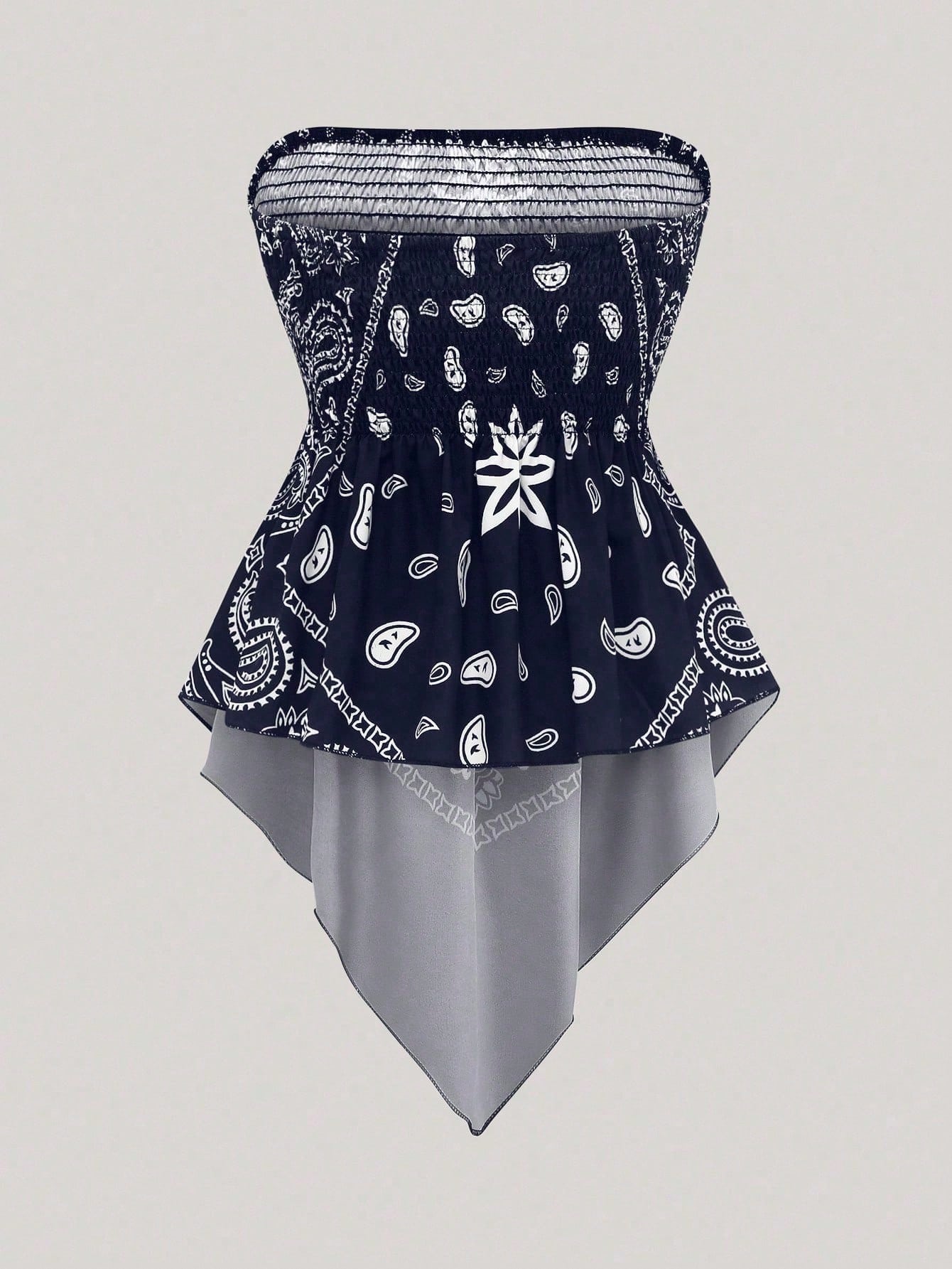 Holidaya Plus Size Women's Retro Navy Blue Cashew Flower Bandeau Camisole Top,Summer Boho Beach Holiday Off-Shoulder Cinched Waist Cropped Bandana Blouse