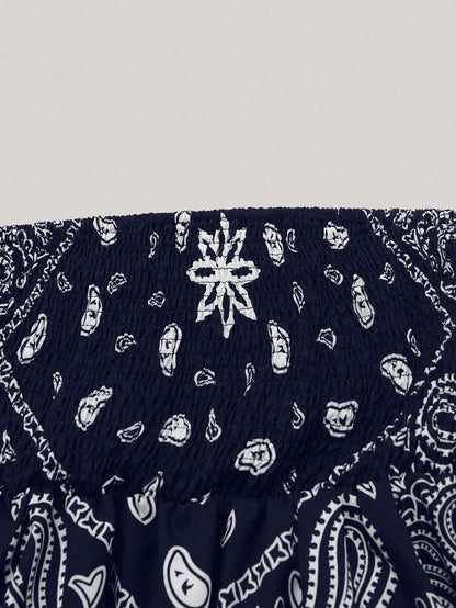 Holidaya Plus Size Women's Retro Navy Blue Cashew Flower Bandeau Camisole Top,Summer Boho Beach Holiday Off-Shoulder Cinched Waist Cropped Bandana Blouse