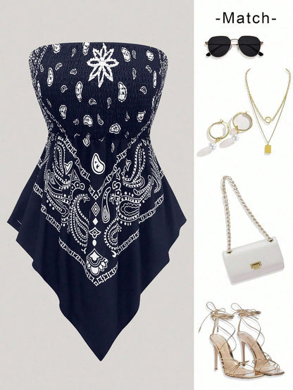 Holidaya Plus Size Women's Retro Navy Blue Cashew Flower Bandeau Camisole Top,Summer Boho Beach Holiday Off-Shoulder Cinched Waist Cropped Bandana Blouse
