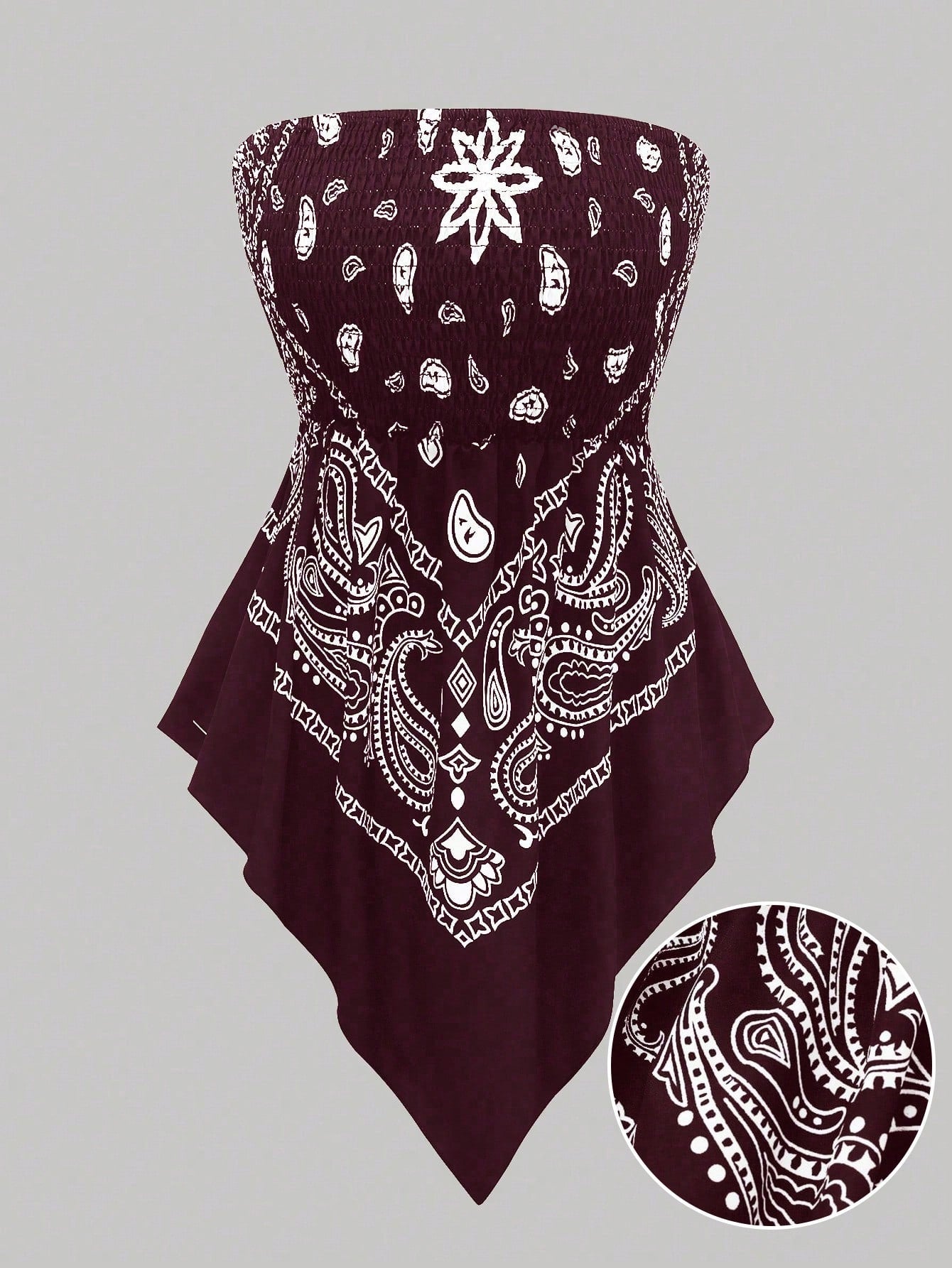 Holidaya Plus Size Women's Retro Navy Blue Cashew Flower Bandeau Camisole Top,Summer Boho Beach Holiday Off-Shoulder Cinched Waist Cropped Bandana Blouse