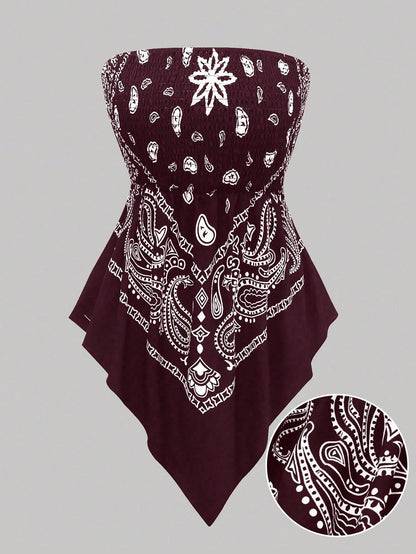 Holidaya Plus Size Women's Retro Navy Blue Cashew Flower Bandeau Camisole Top,Summer Boho Beach Holiday Off-Shoulder Cinched Waist Cropped Bandana Blouse