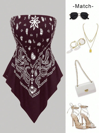 Holidaya Plus Size Women's Retro Navy Blue Cashew Flower Bandeau Camisole Top,Summer Boho Beach Holiday Off-Shoulder Cinched Waist Cropped Bandana Blouse