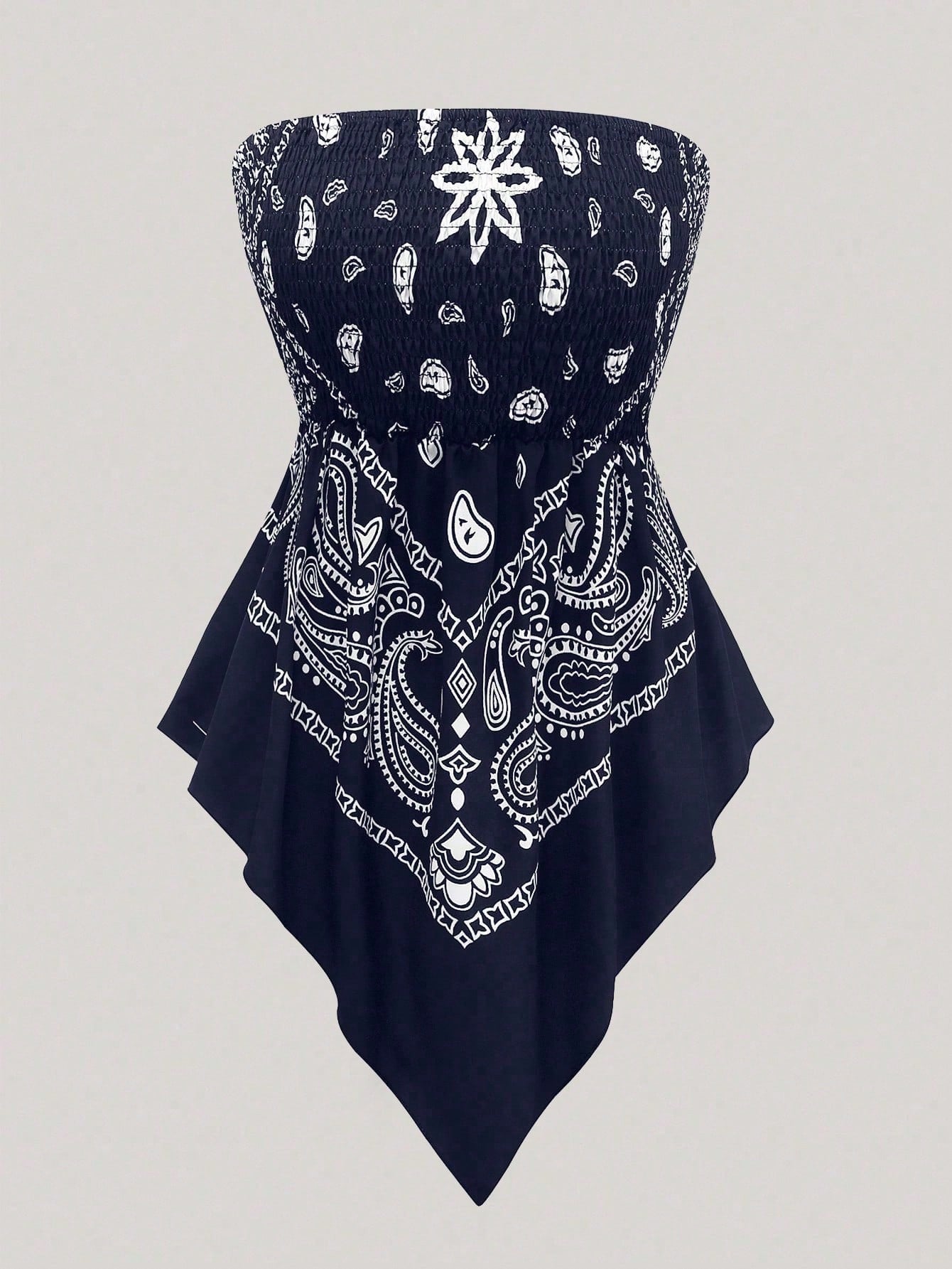 Holidaya Plus Size Women's Retro Navy Blue Cashew Flower Bandeau Camisole Top,Summer Boho Beach Holiday Off-Shoulder Cinched Waist Cropped Bandana Blouse