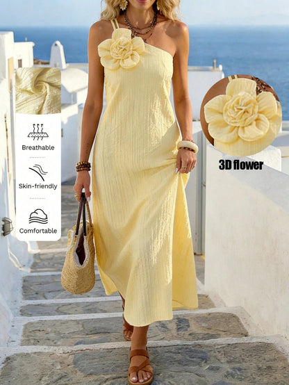 Holidaya Women's Cream Yellow Elegant One-Shoulder 3D Flower Decor Midi Dress, Suitable For Travel, Vacation, And Dating