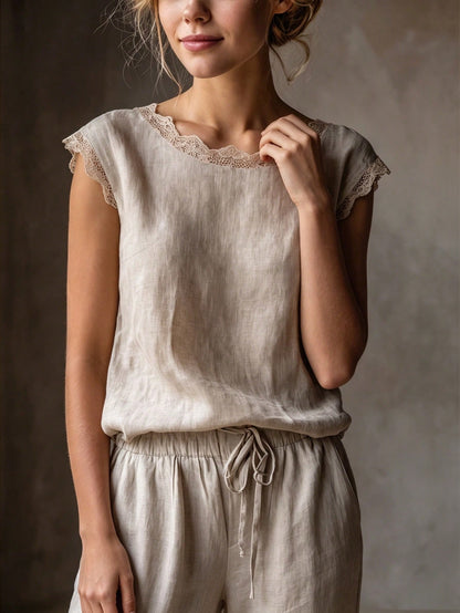 Holidaya Women's Elegant Minimalist Linen Sleeveless Blouse, Casual Round Neck Lace Trim Tank Top, Loose Fit Summer Commuter Top, Basic Shirt For Daily Work