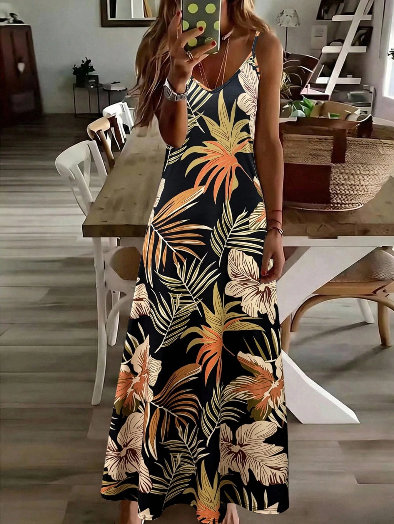 Holidaya Women's Knitted Fabric Black Midi Dress With Tropical Random Print And Strappy Neckline