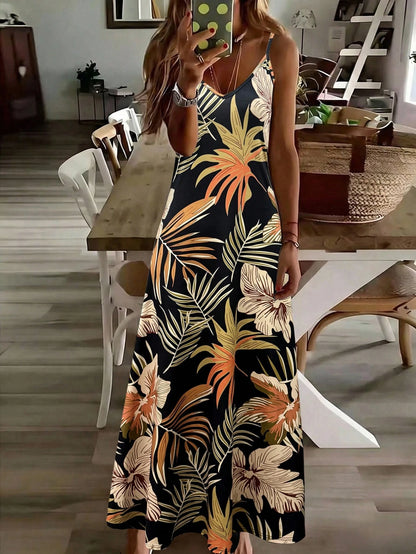 Holidaya Women's Knitted Fabric Black Midi Dress With Tropical Random Print And Strappy Neckline