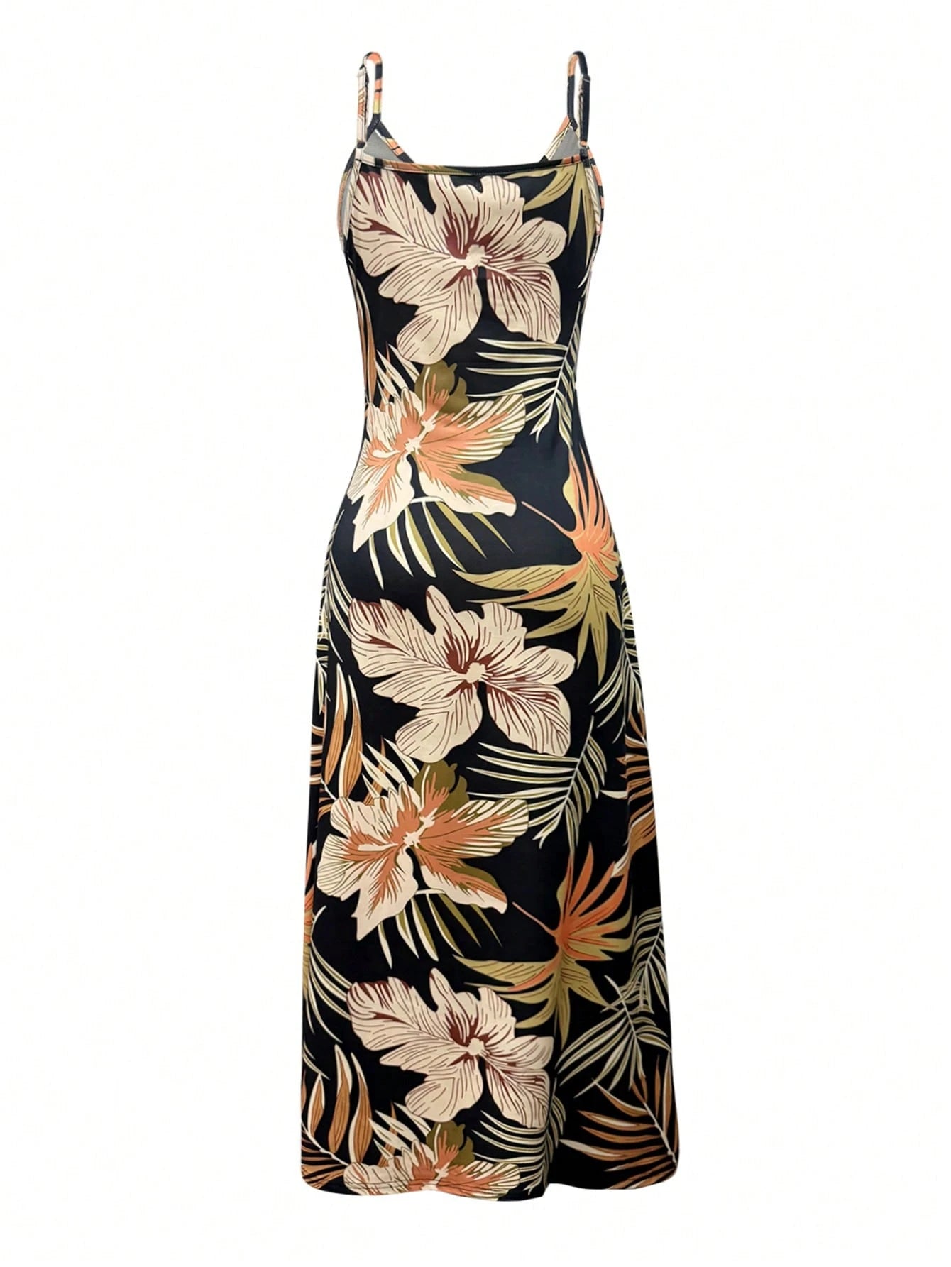 Holidaya Women's Knitted Fabric Black Midi Dress With Tropical Random Print And Strappy Neckline