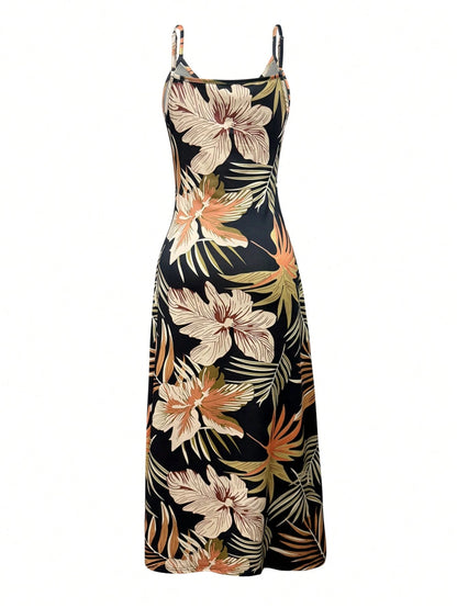 Holidaya Women's Knitted Fabric Black Midi Dress With Tropical Random Print And Strappy Neckline