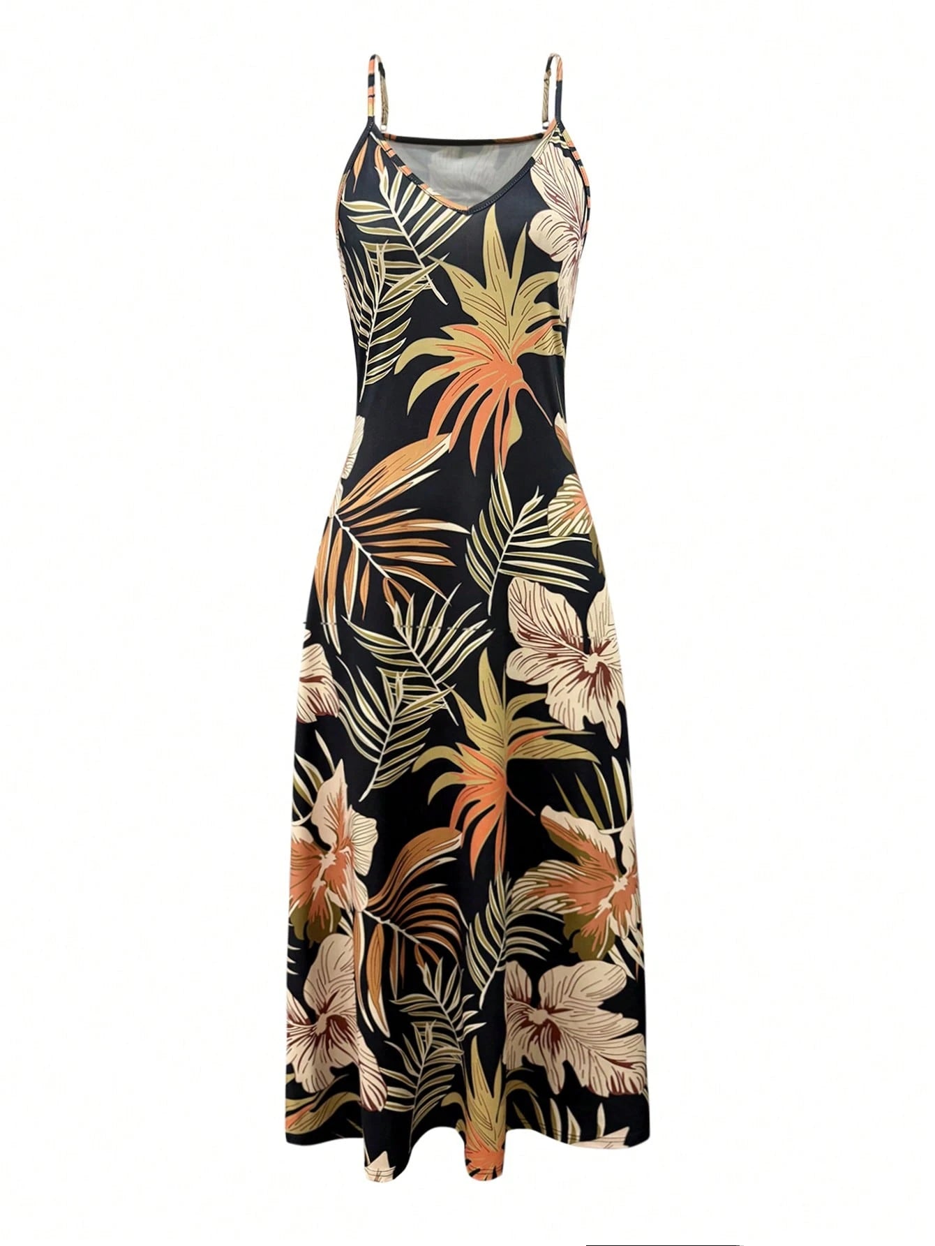 Holidaya Women's Knitted Fabric Black Midi Dress With Tropical Random Print And Strappy Neckline