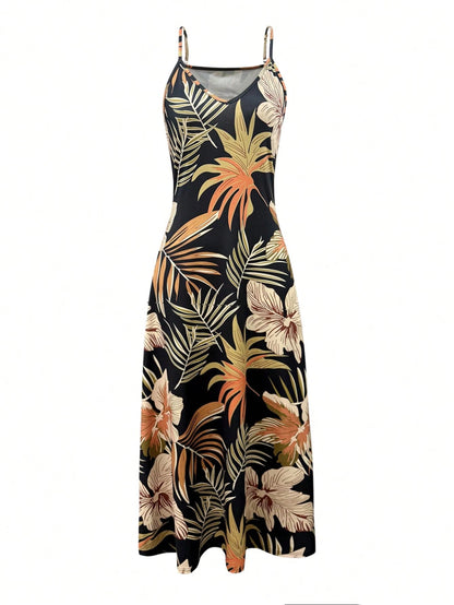 Holidaya Women's Knitted Fabric Black Midi Dress With Tropical Random Print And Strappy Neckline