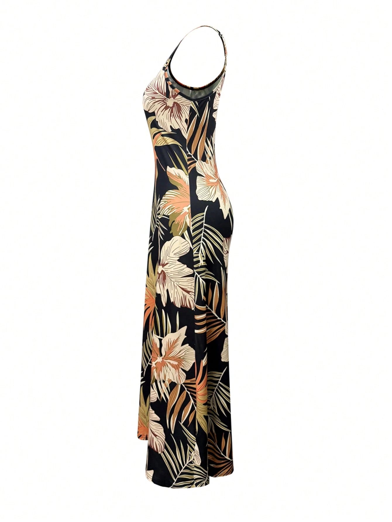 Holidaya Women's Knitted Fabric Black Midi Dress With Tropical Random Print And Strappy Neckline