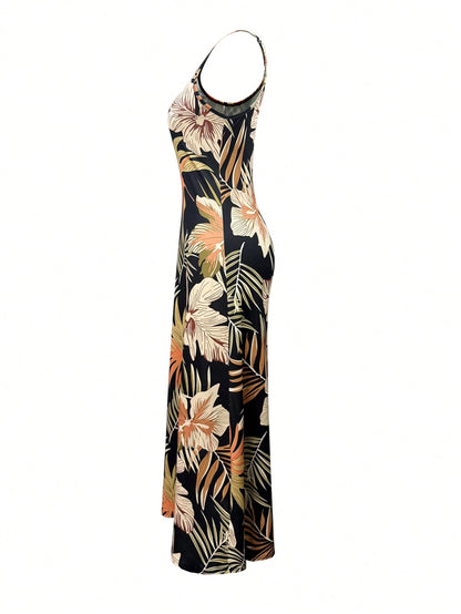 Holidaya Women's Knitted Fabric Black Midi Dress With Tropical Random Print And Strappy Neckline