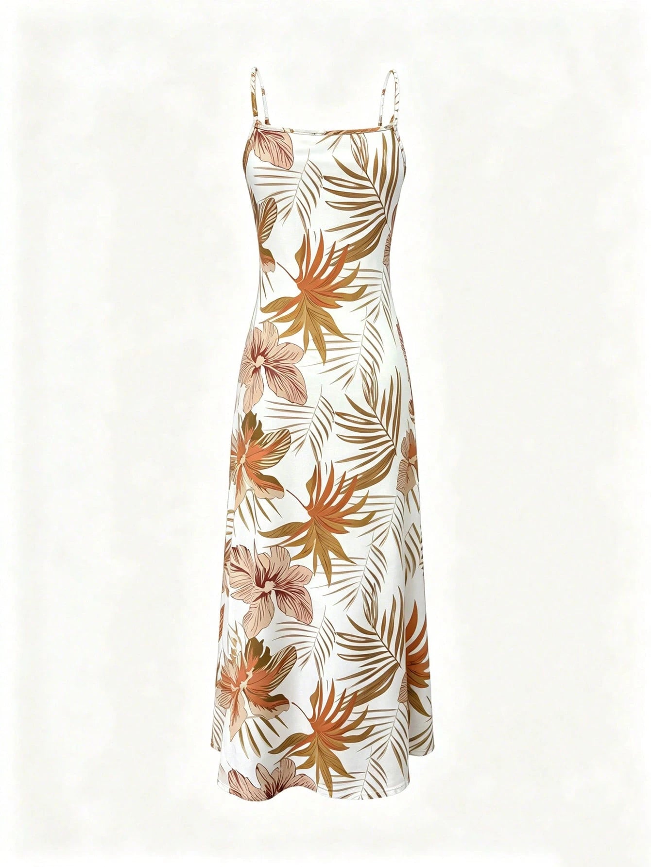 Holidaya Women's Knitted Fabric Black Midi Dress With Tropical Random Print And Strappy Neckline