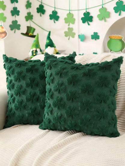 HOMPOOLL 2 Pcs St. Patrick's Day Pillowcases, 18x18 Inches. St. Patrick's Day Decoration, Green Shamrock, Soft Plush Faux Fur Jacquard Pillow. Suitable For Bedrooms, Sofas, Holidays, And Home Décor.