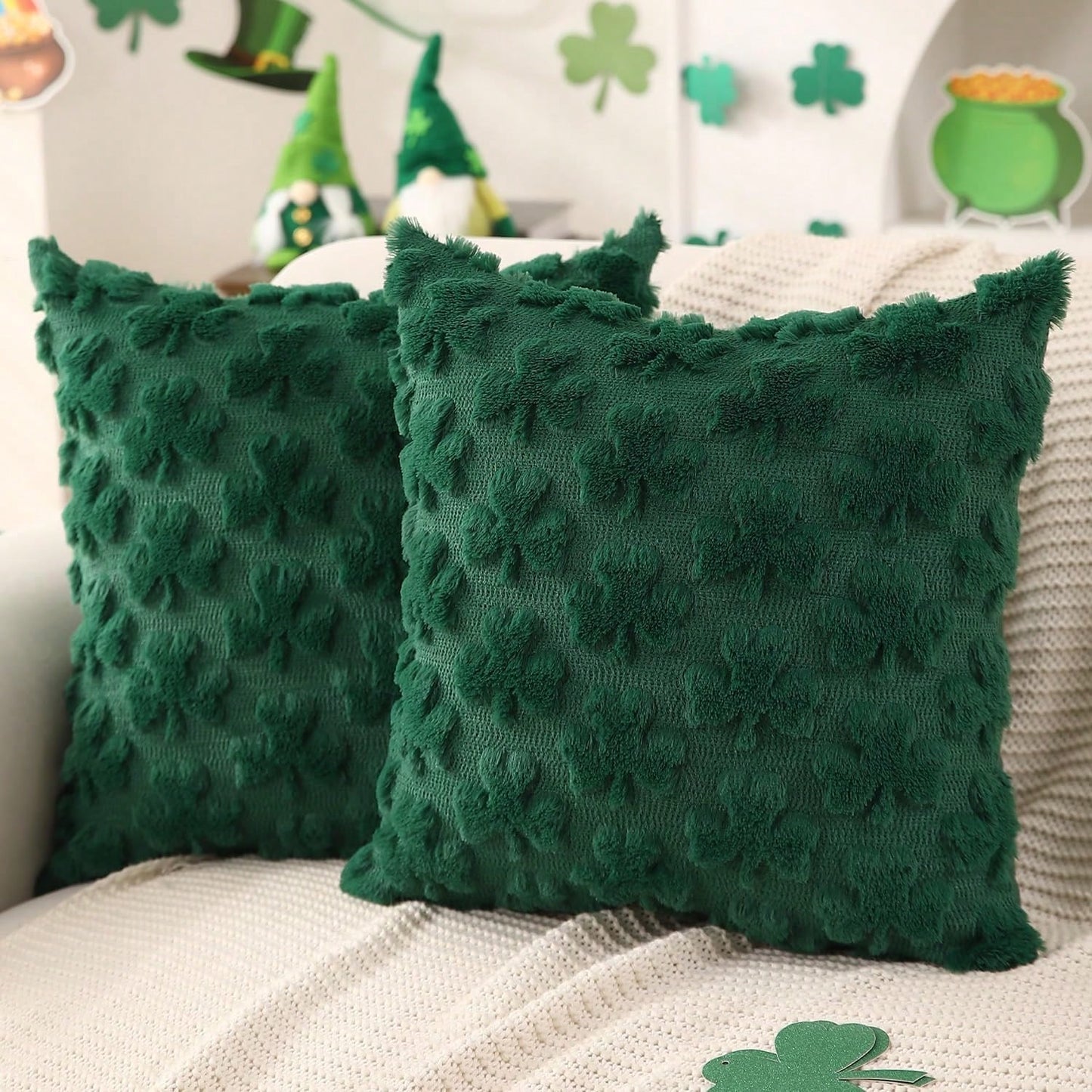 HOMPOOLL 2 Pcs St. Patrick's Day Pillowcases, 18x18 Inches. St. Patrick's Day Decoration, Green Shamrock, Soft Plush Faux Fur Jacquard Pillow. Suitable For Bedrooms, Sofas, Holidays, And Home Décor.