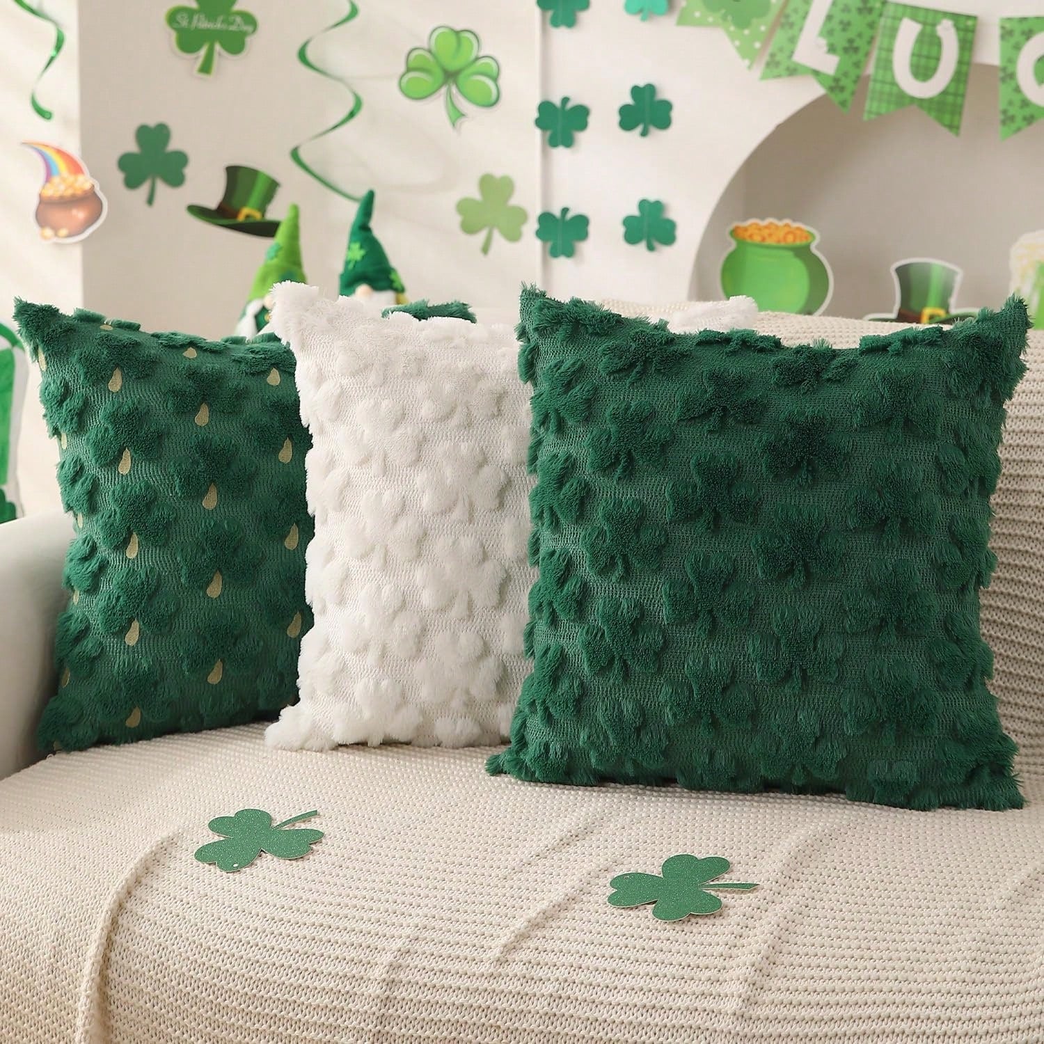 HOMPOOLL 2 Pcs St. Patrick's Day Pillowcases, 18x18 Inches. St. Patrick's Day Decoration, Green Shamrock, Soft Plush Faux Fur Jacquard Pillow. Suitable For Bedrooms, Sofas, Holidays, And Home Décor.