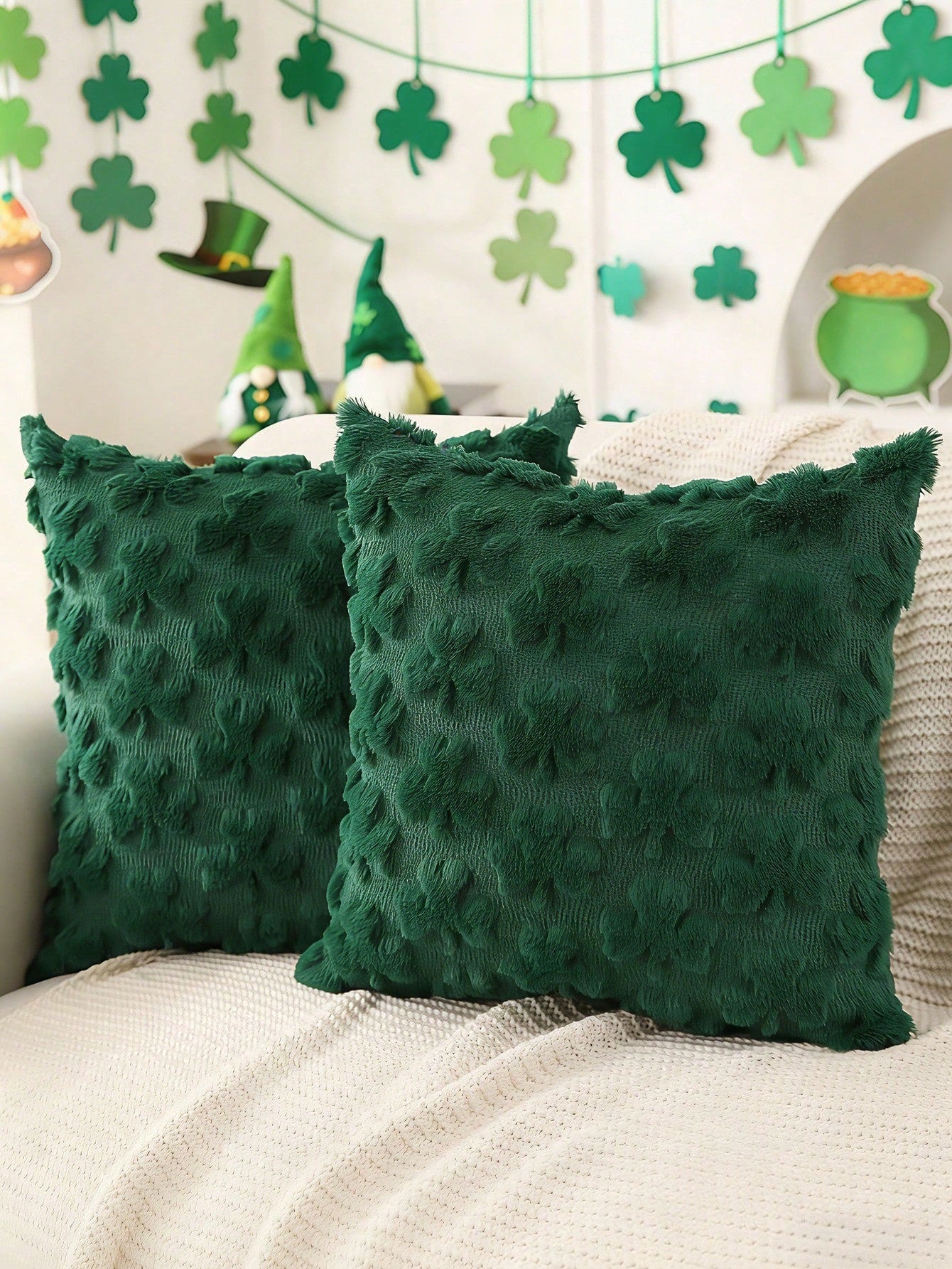 HOMPOOLL 2 Pcs St. Patrick's Day Pillowcases, 18x18 Inches. St. Patrick's Day Decoration, Green Shamrock, Soft Plush Faux Fur Jacquard Pillow. Suitable For Bedrooms, Sofas, Holidays, And Home Décor.