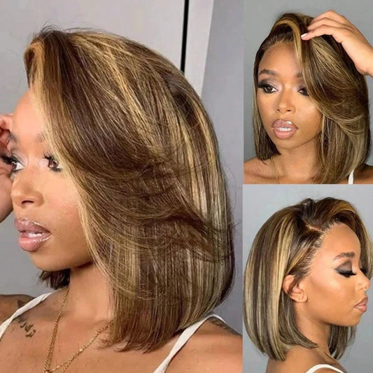 Honey Blonde 4/27 Short Bob Wigs Human Hair Highlight Straight Bob Lace Frontal Wigs For Women 100% Human Hair Put On And Go Glueless 12inch 13x4 Transparent Lace Front Wig 150% Density Colored Lace F