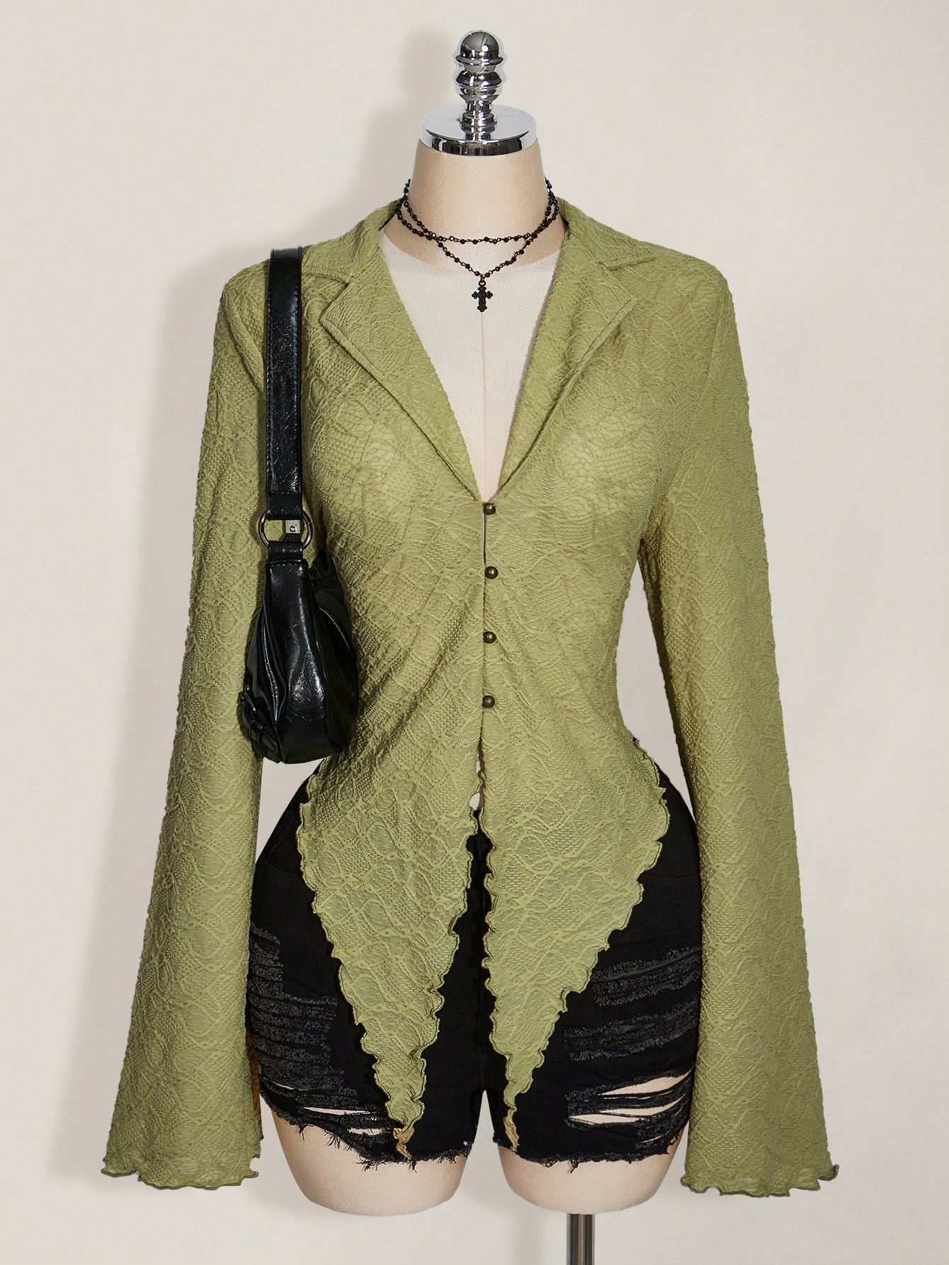 ICON ICON PLUS Lettuce Trim Asymmetrical Hem Sheer Top Without Bra Plus Size Blouses-1891,Y2k/Fall/Winter