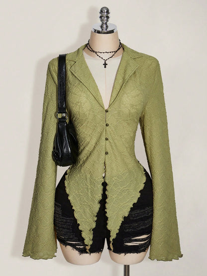 ICON ICON PLUS Lettuce Trim Asymmetrical Hem Sheer Top Without Bra Plus Size Blouses-1891,Y2k/Fall/Winter