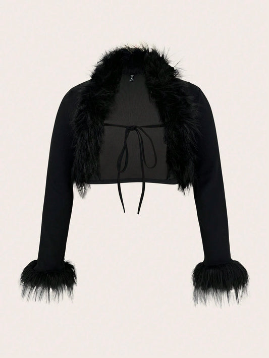 ICON Plus Black Y2k Fuzzy Trim Tie Front Crop Jacket Winter Fall Autumn