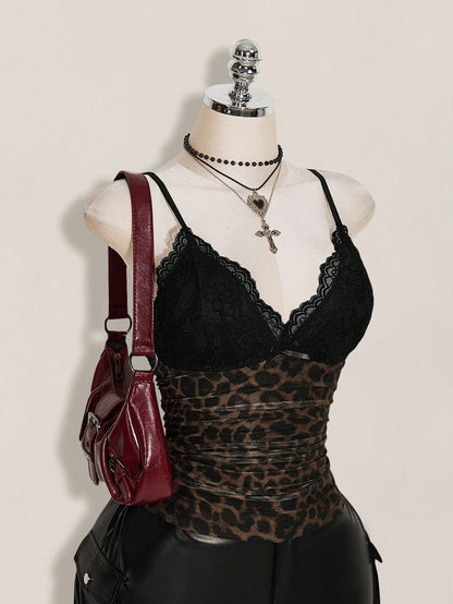 ICON Plus Size Women's Black Summer Goth Sexy Night Out Going Out Rave Club Y2K Lace Trim Leopard Print Mesh V-Neck Slim Fit Camisole,Retro Urban Top
