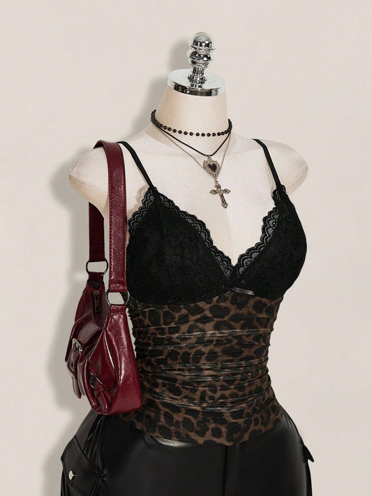 ICON Plus Size Women's Black Summer Goth Sexy Night Out Going Out Rave Club Y2K Lace Trim Leopard Print Mesh V-Neck Slim Fit Camisole,Retro Urban Top