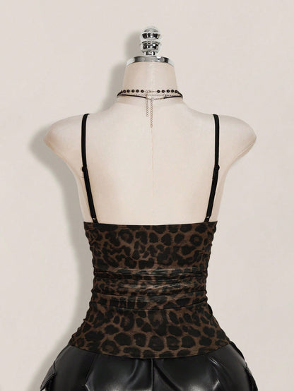 ICON Plus Size Women's Black Summer Goth Sexy Night Out Going Out Rave Club Y2K Lace Trim Leopard Print Mesh V-Neck Slim Fit Camisole,Retro Urban Top