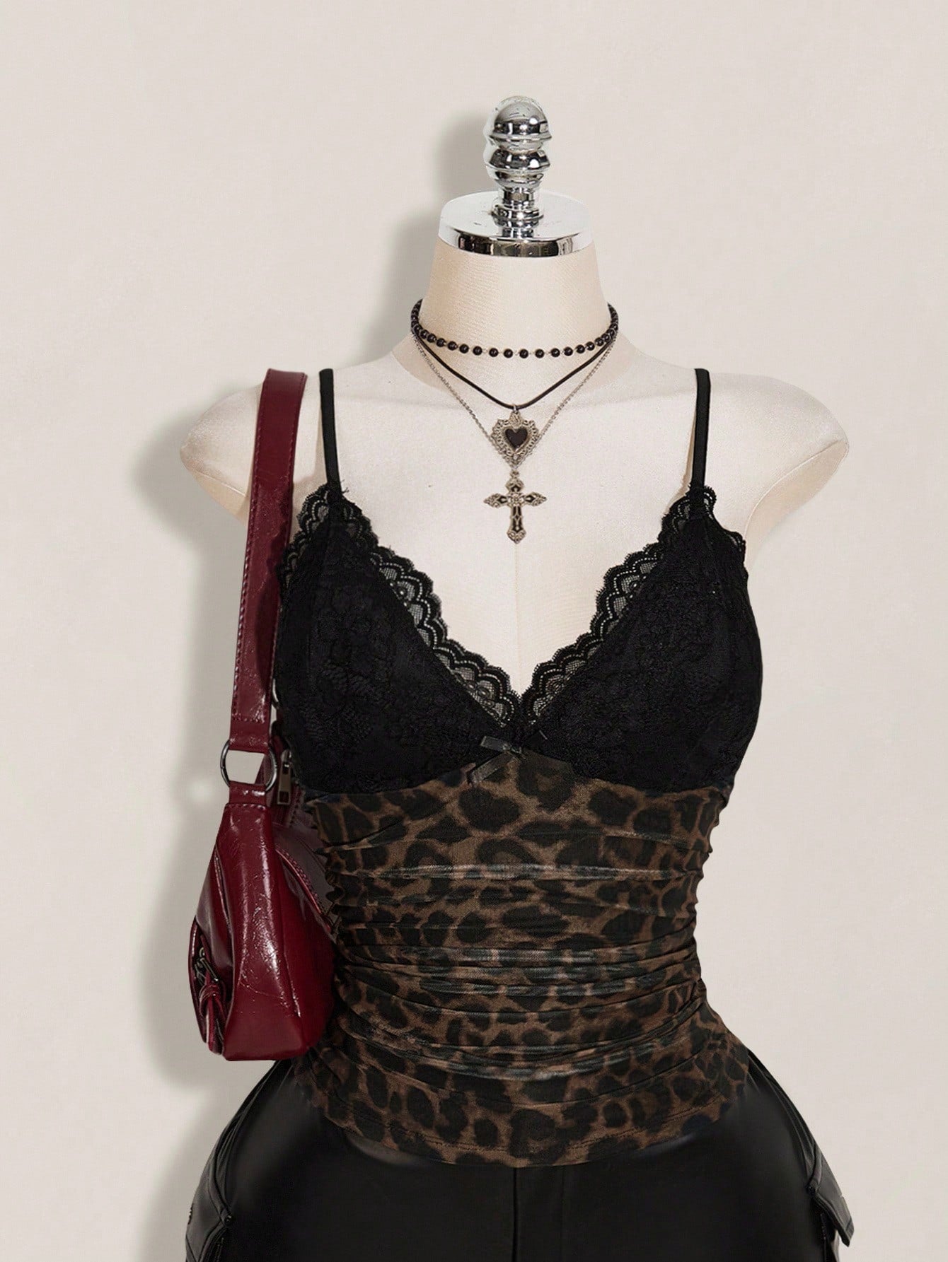 ICON Plus Size Women's Black Summer Goth Sexy Night Out Going Out Rave Club Y2K Lace Trim Leopard Print Mesh V-Neck Slim Fit Camisole,Retro Urban Top