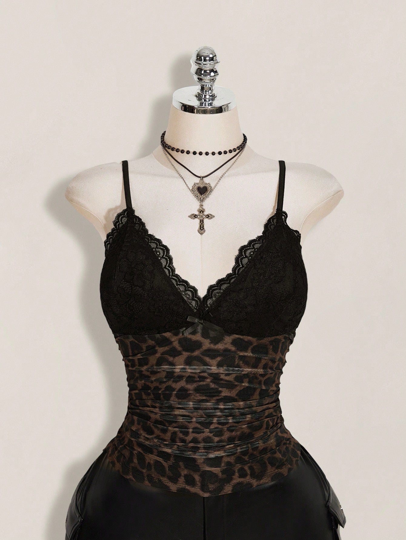 ICON Plus Size Women's Black Summer Goth Sexy Night Out Going Out Rave Club Y2K Lace Trim Leopard Print Mesh V-Neck Slim Fit Camisole,Retro Urban Top