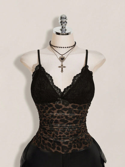 ICON Plus Size Women's Black Summer Goth Sexy Night Out Going Out Rave Club Y2K Lace Trim Leopard Print Mesh V-Neck Slim Fit Camisole,Retro Urban Top