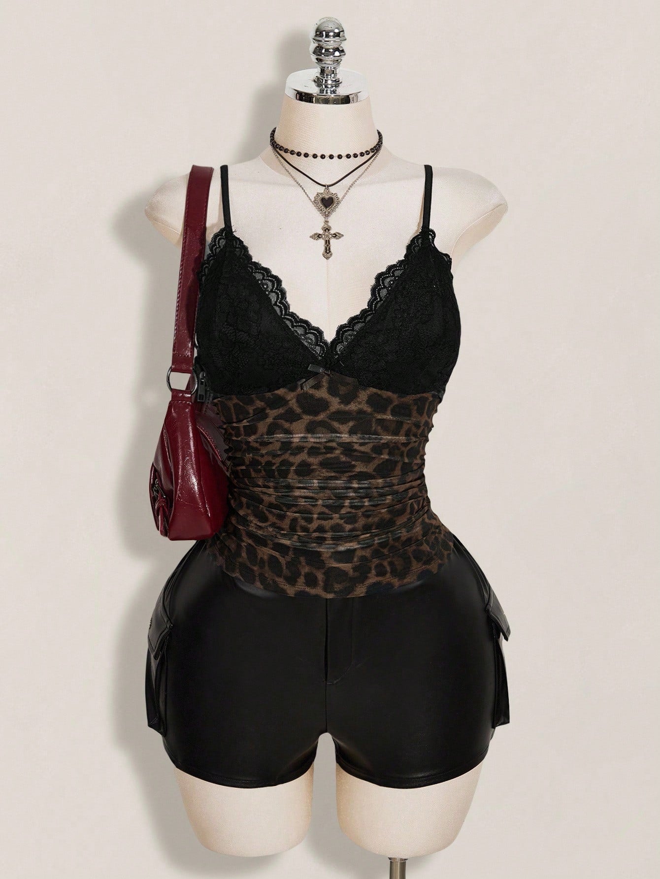 ICON Plus Size Women's Black Summer Goth Sexy Night Out Going Out Rave Club Y2K Lace Trim Leopard Print Mesh V-Neck Slim Fit Camisole,Retro Urban Top
