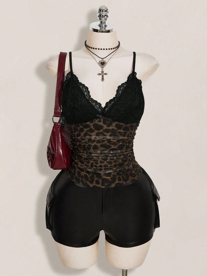 ICON Plus Size Women's Black Summer Goth Sexy Night Out Going Out Rave Club Y2K Lace Trim Leopard Print Mesh V-Neck Slim Fit Camisole,Retro Urban Top