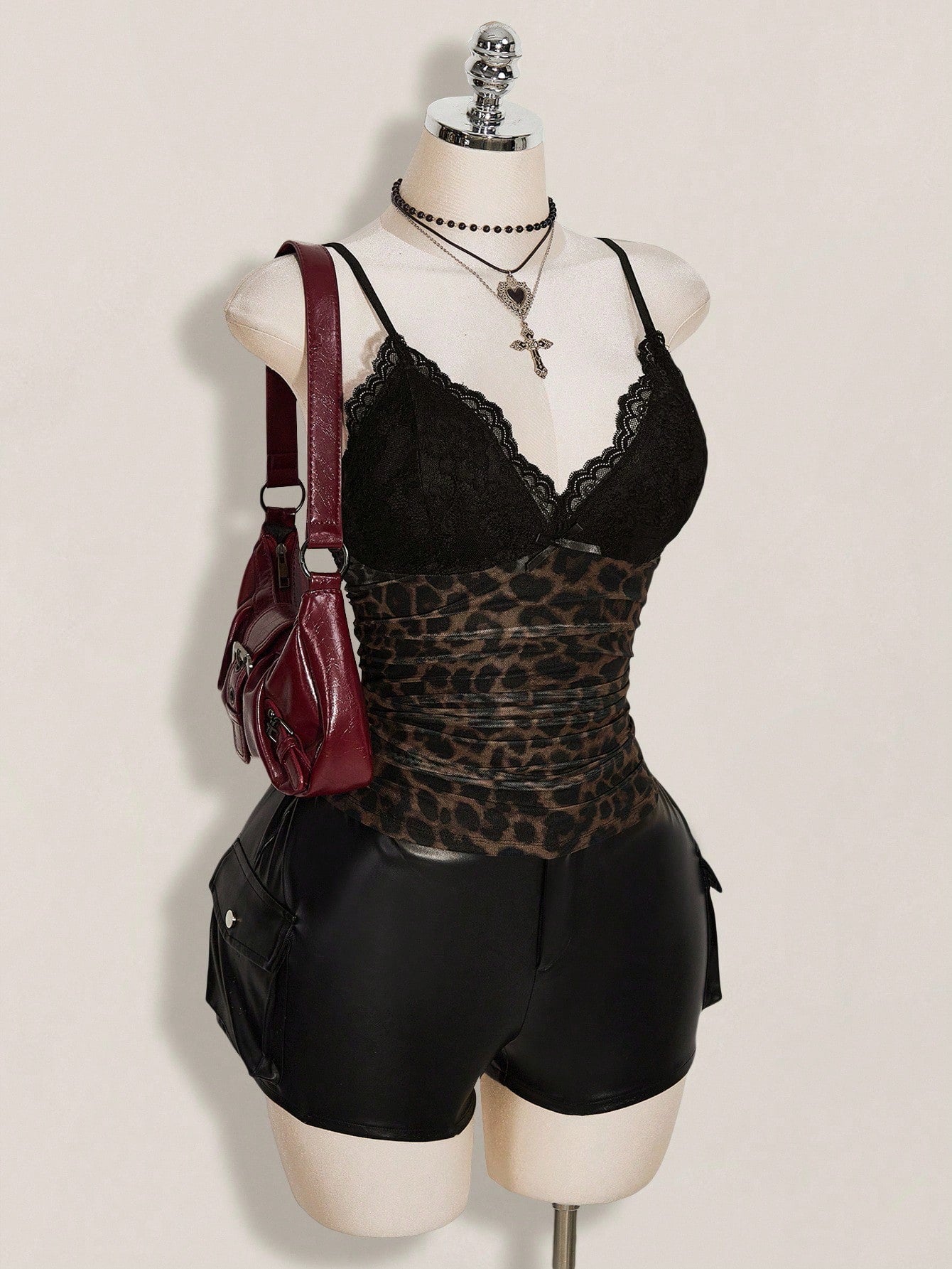 ICON Plus Size Women's Black Summer Goth Sexy Night Out Going Out Rave Club Y2K Lace Trim Leopard Print Mesh V-Neck Slim Fit Camisole,Retro Urban Top