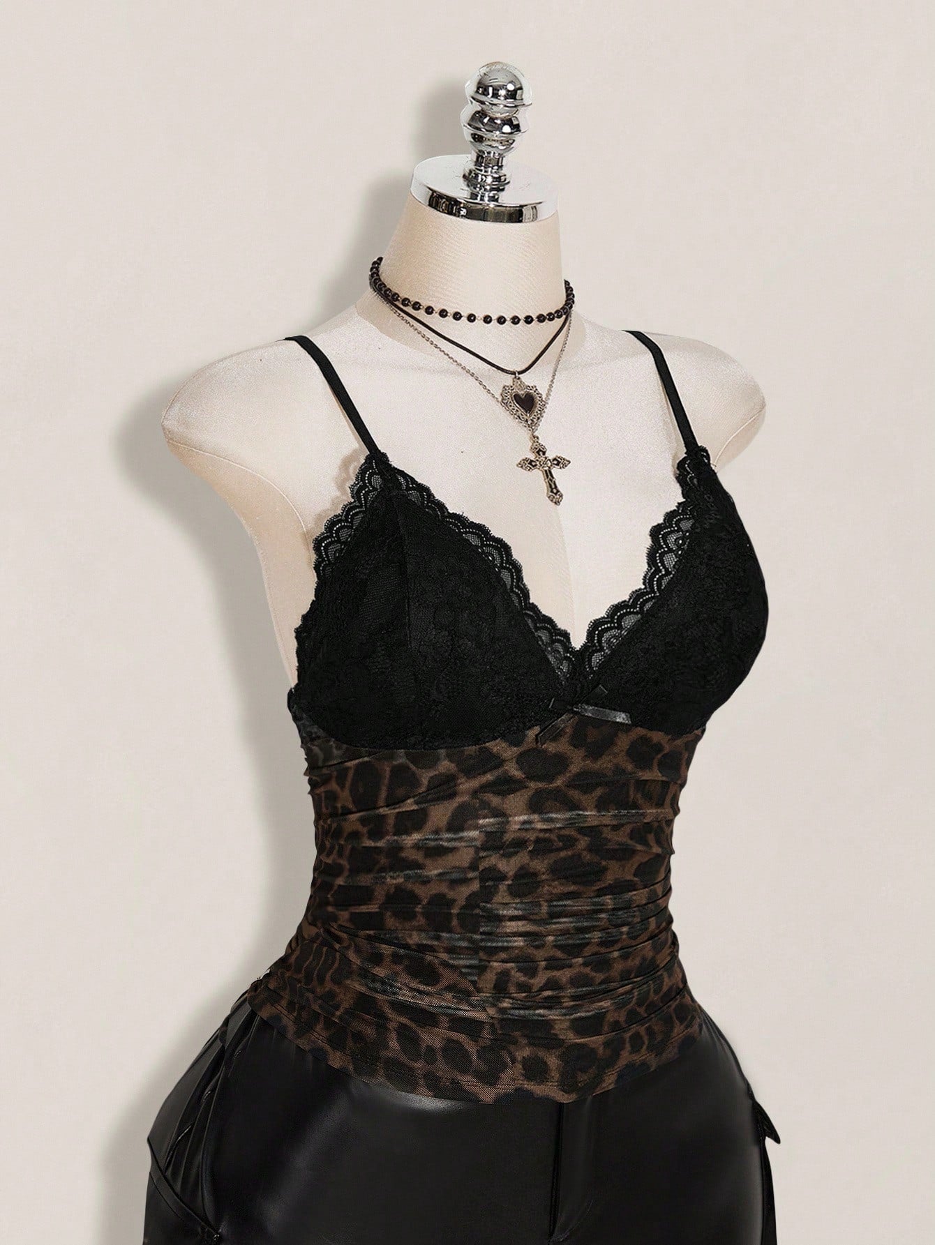 ICON Plus Size Women's Black Summer Goth Sexy Night Out Going Out Rave Club Y2K Lace Trim Leopard Print Mesh V-Neck Slim Fit Camisole,Retro Urban Top