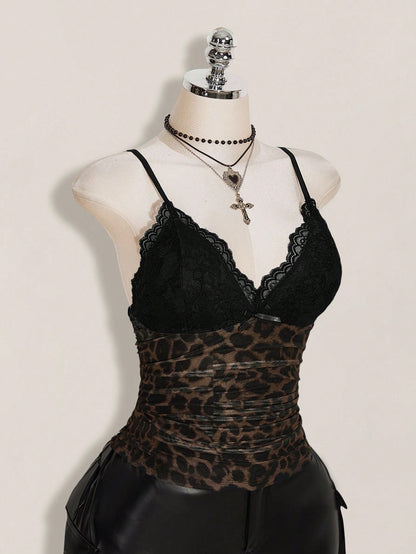 ICON Plus Size Women's Black Summer Goth Sexy Night Out Going Out Rave Club Y2K Lace Trim Leopard Print Mesh V-Neck Slim Fit Camisole,Retro Urban Top