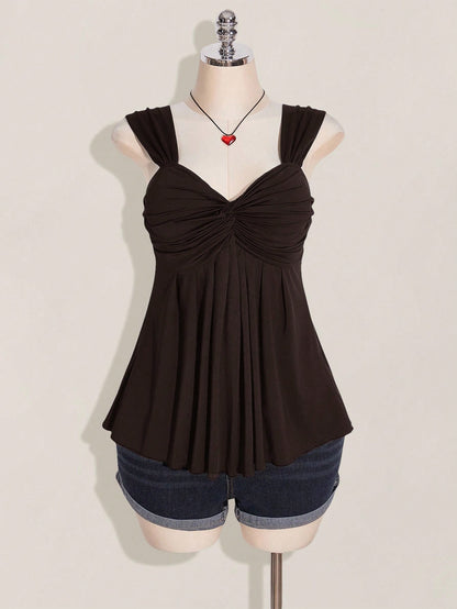 ICON Plus Size Women's Black Twist Front Sleeveless Babydoll Knit Top, Y2K Style, Suitable For Graduation/Back To School Season, Summer Cute Tops