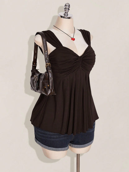 ICON Plus Size Women's Black Twist Front Sleeveless Babydoll Knit Top, Y2K Style, Suitable For Graduation/Back To School Season, Summer Cute Tops