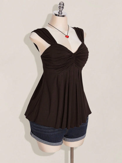 ICON Plus Size Women's Black Twist Front Sleeveless Babydoll Knit Top, Y2K Style, Suitable For Graduation/Back To School Season, Summer Cute Tops