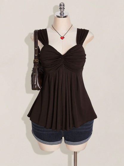 ICON Plus Size Women's Black Twist Front Sleeveless Babydoll Knit Top, Y2K Style, Suitable For Graduation/Back To School Season, Summer Cute Tops