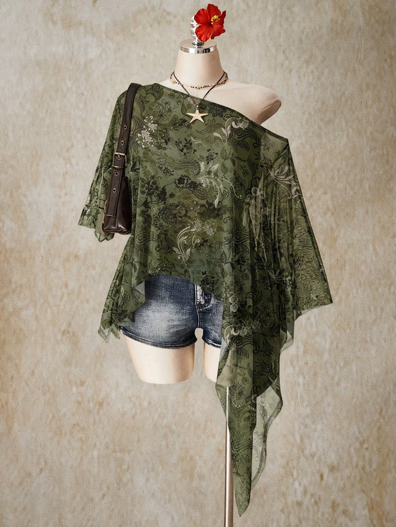 ICON Plus Size Women's Vacation Casual Boho Floral Print Asymmetric Mesh Top Vacation Army Green Summer