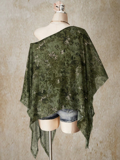 ICON Plus Size Women's Vacation Casual Boho Floral Print Asymmetric Mesh Top Vacation Army Green Summer