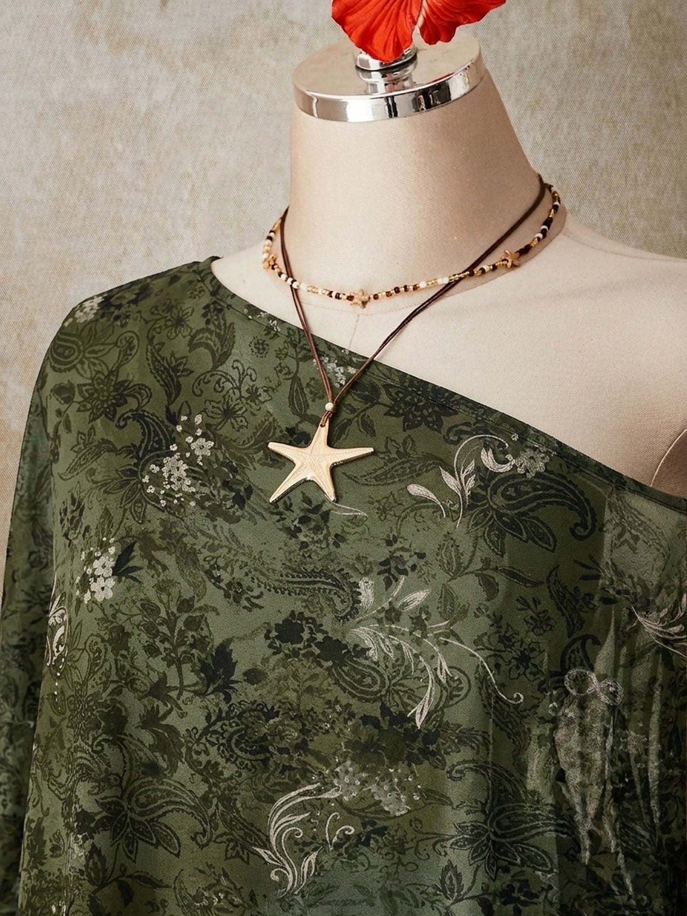 ICON Plus Size Women's Vacation Casual Boho Floral Print Asymmetric Mesh Top Vacation Army Green Summer