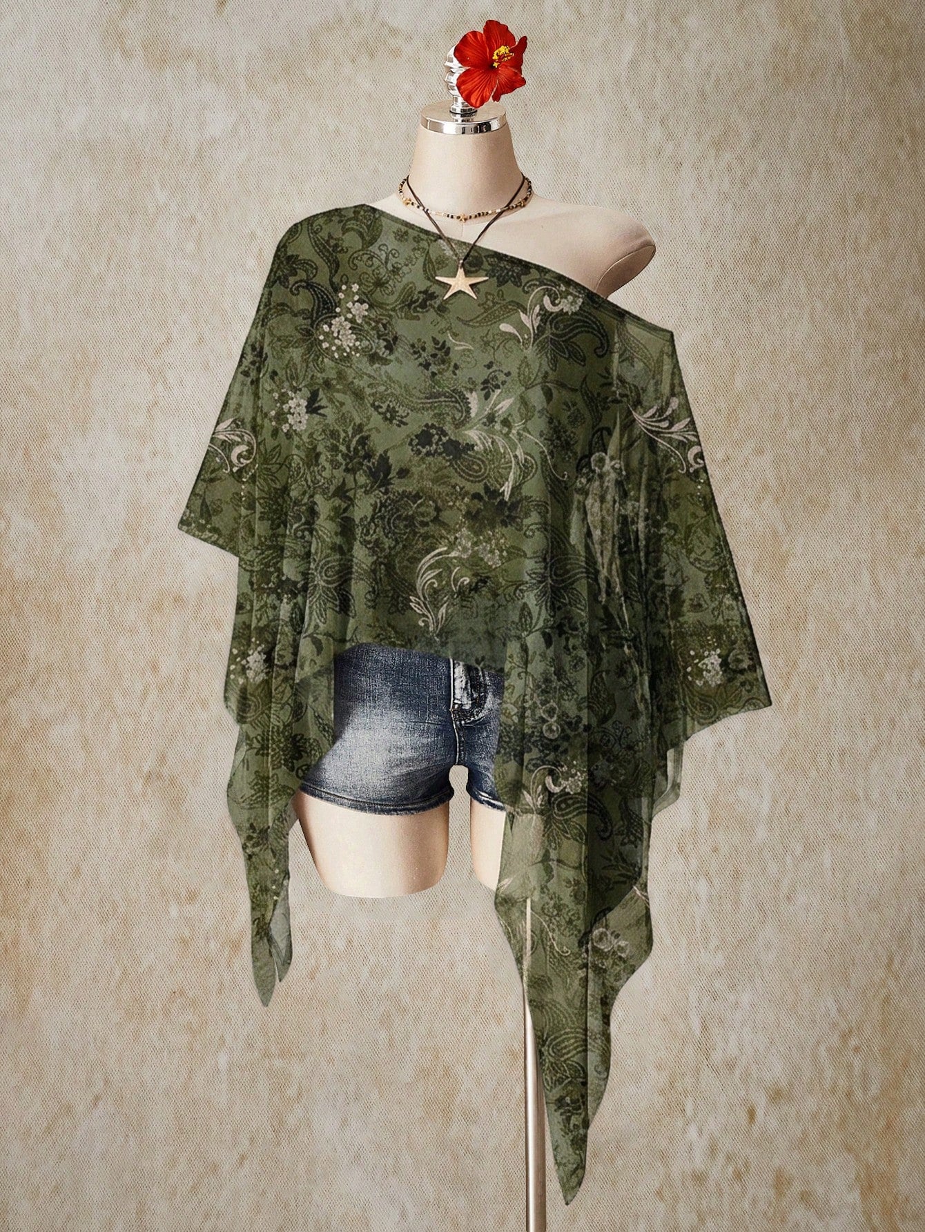 ICON Plus Size Women's Vacation Casual Boho Floral Print Asymmetric Mesh Top Vacation Army Green Summer