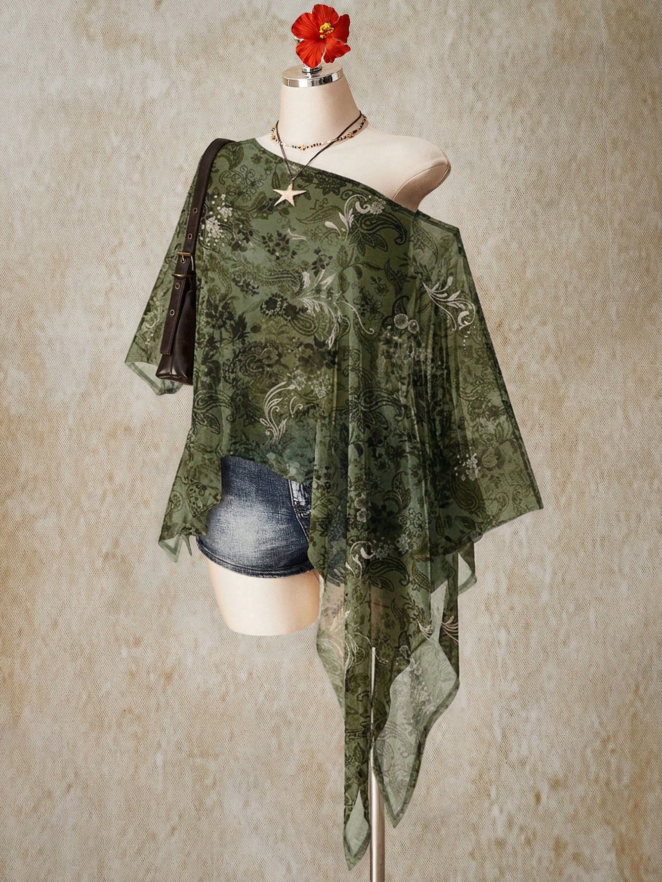 ICON Plus Size Women's Vacation Casual Boho Floral Print Asymmetric Mesh Top Vacation Army Green Summer