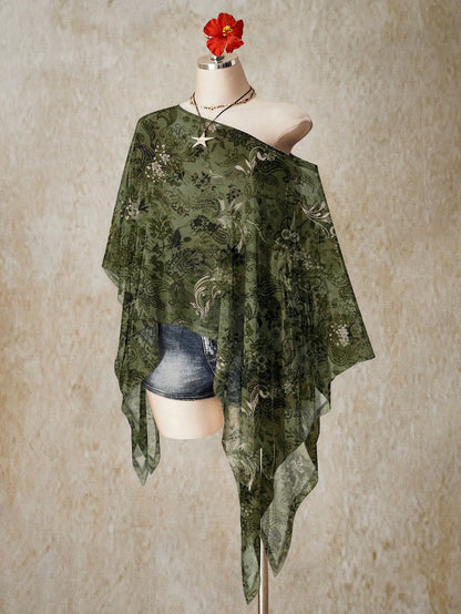 ICON Plus Size Women's Vacation Casual Boho Floral Print Asymmetric Mesh Top Vacation Army Green Summer