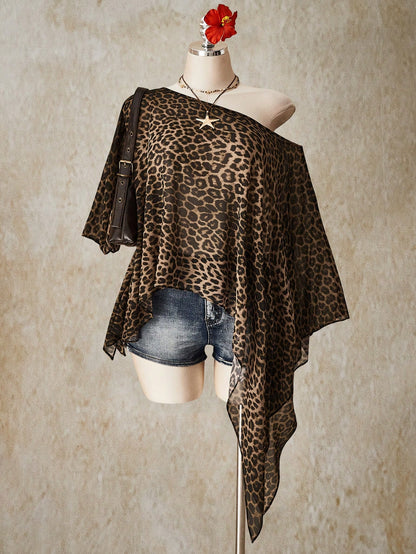 ICON Plus Size Women's Vacation Casual Boho Floral Print Asymmetric Mesh Top Vacation Army Green Summer