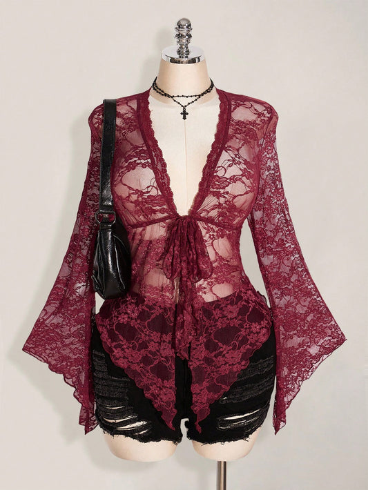 ICON Plus Size Y2K Women's Western Country Concert Boho Hippie Goth Sheer Burgundy Sexy Lace Twist Front Long Sleeve Cardigan, Suitable For Halloween Fall