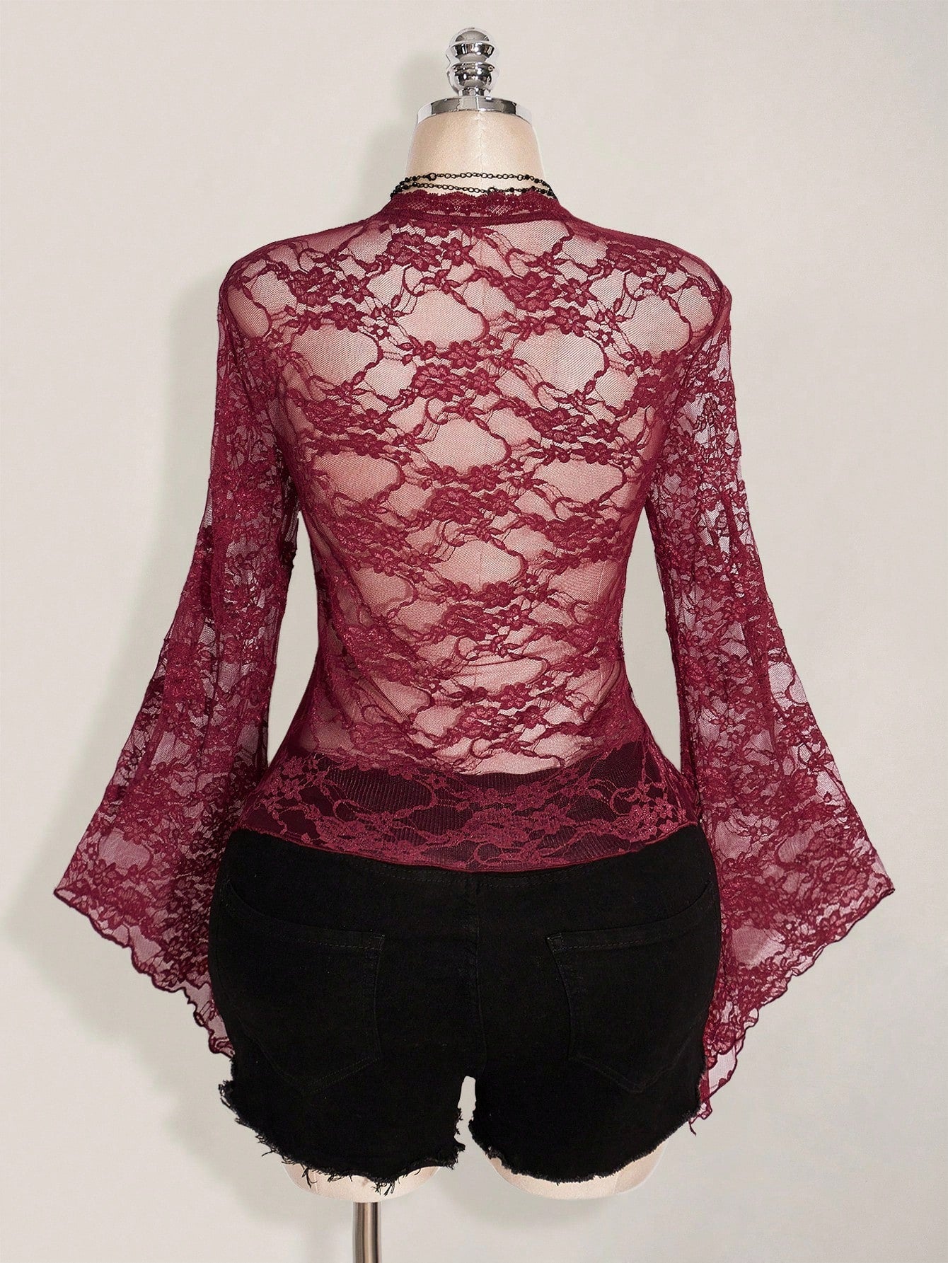 ICON Plus Size Y2K Women's Western Country Concert Boho Hippie Goth Sheer Burgundy Sexy Lace Twist Front Long Sleeve Cardigan, Suitable For Halloween Fall
